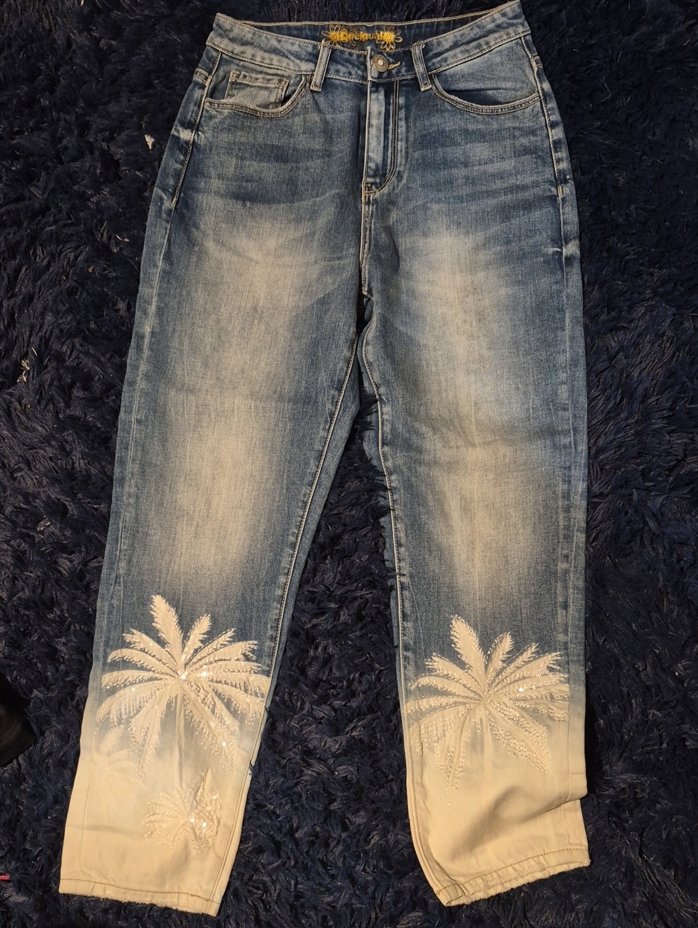 Desigual Blue Ombre Palm-Embroidered Relaxed Jeans
